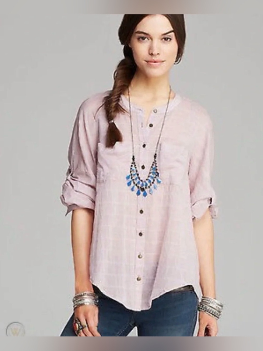 Free People Pale pink striped button down Shirt with back crochet * see back^